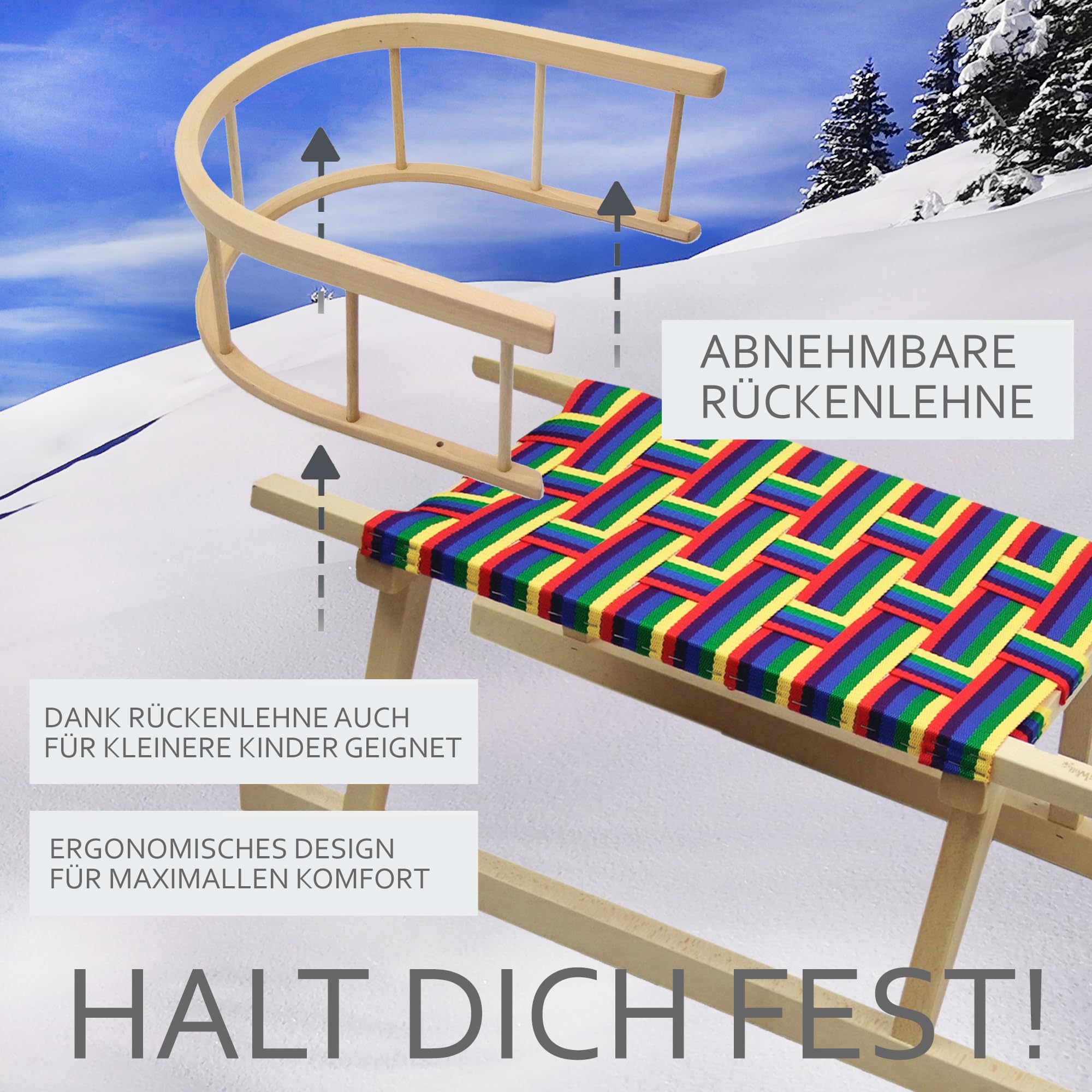 Hörnerrodel 100 cm mit Rückenlehne & Gurtsitz bunt - Holzschlitten aus massivem Buchenholz - Hörnerschlitten Rodelschlitten für 2 Personen mit Zugseil & Stahlkufen - robust & langlebig
