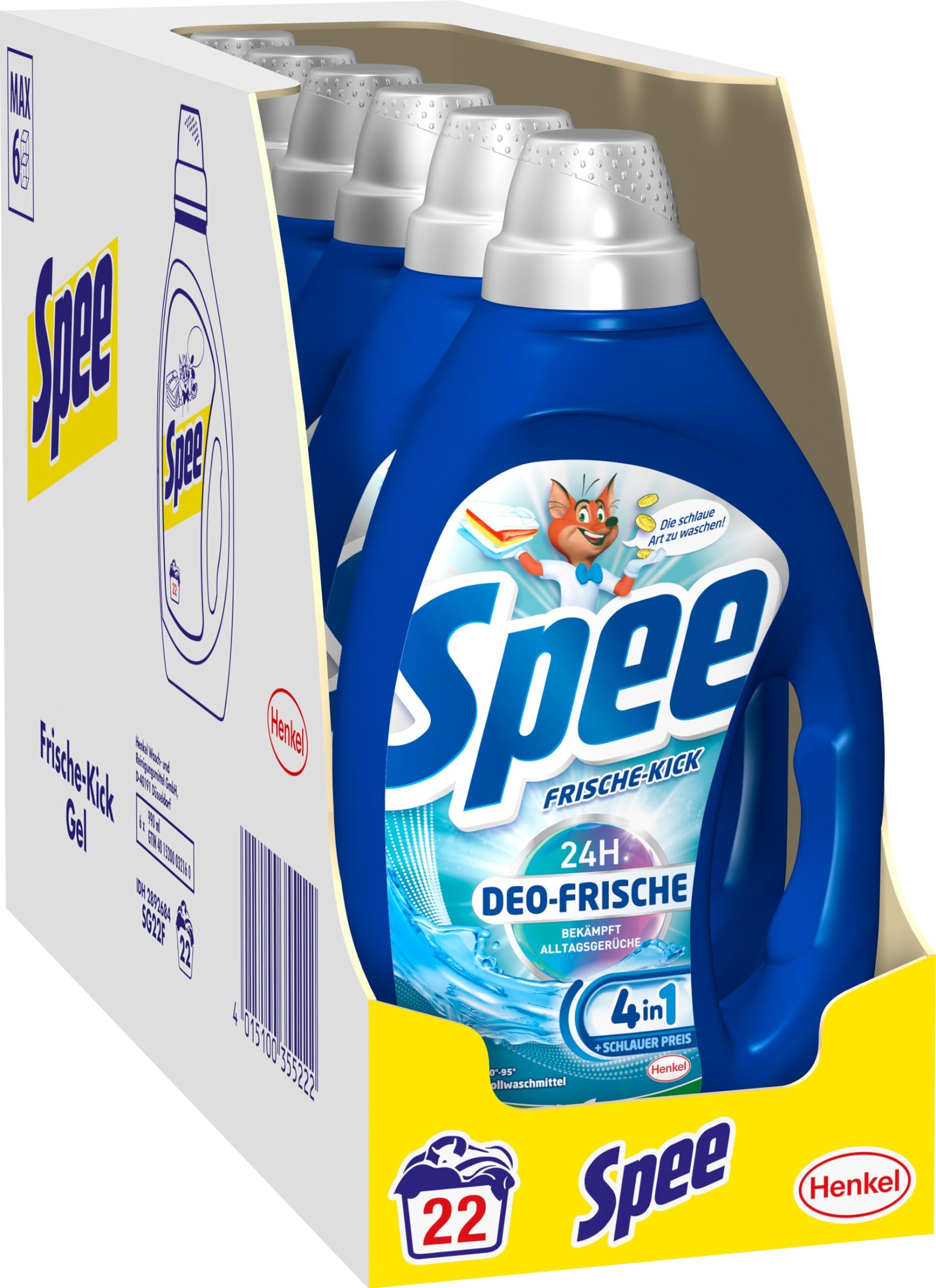 SPEE Deo-Frische Frische-Kick Waschmittel 6x 22 WL (132 Waschladungen), Flüssigwaschmittel mit 4 + 1 Formel bekämpft Alltagsgerüche für 24 h Deo-Frische, Vollwaschmittel für Temperaturen ab 20°C