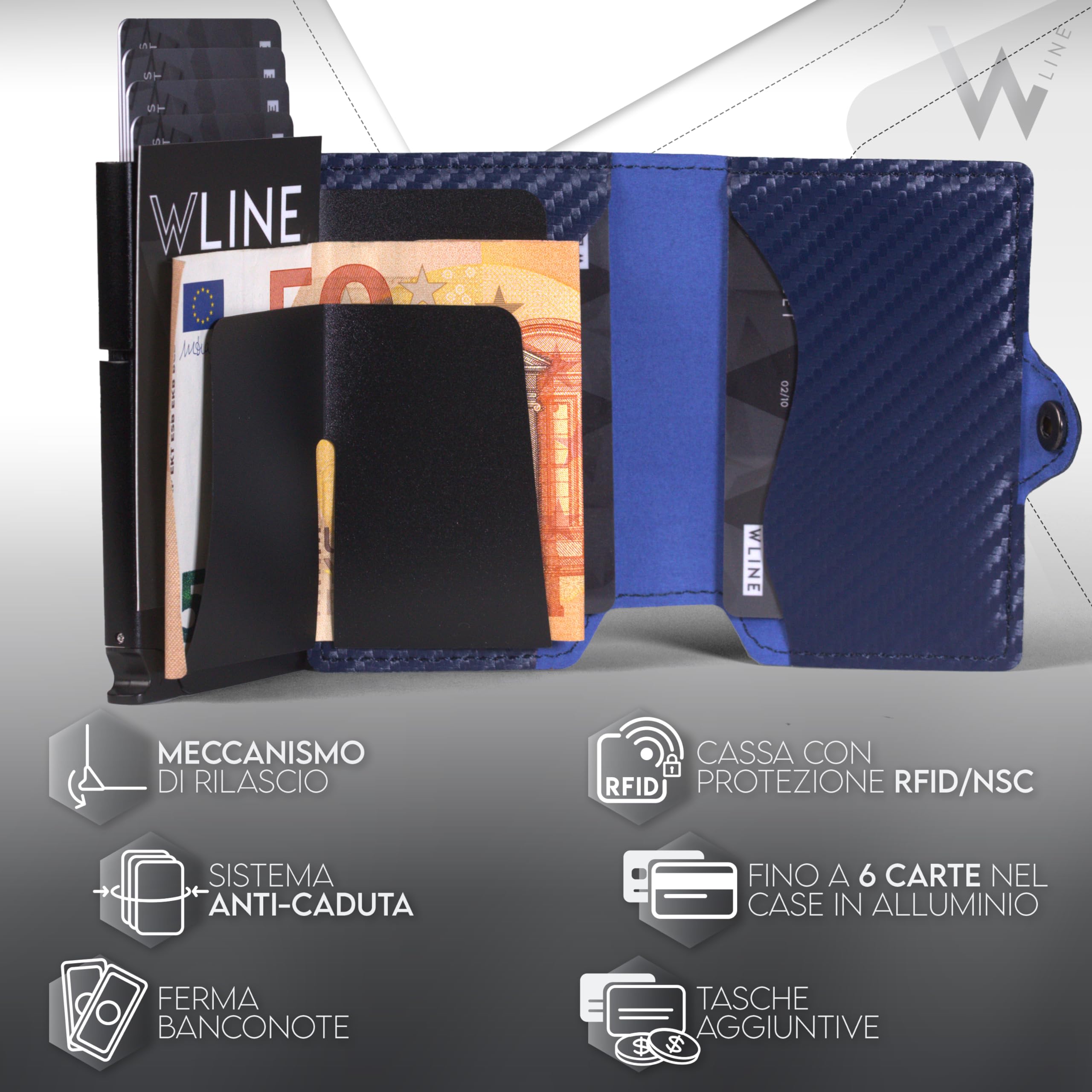 WLine Portafoglio Uomo Slim con Portamonete Rfid Compatto ed Elegante - Porta Carte di Credito Uomo e Donna Schermato in Fibra di Carbonio - Portatessere Uomo Tascabile (Blu Carbon con Zip)