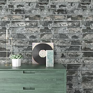 Wallercity Rustic Grey/Black Faux Brick Wallpaper Peel and Stick Brick Faux 3D Stone Contact Paper for Kitchen Backsplash Waterproof Thick Gray Rock Vinyl Wallpaper for Home Decoration 15.8"x78.7"