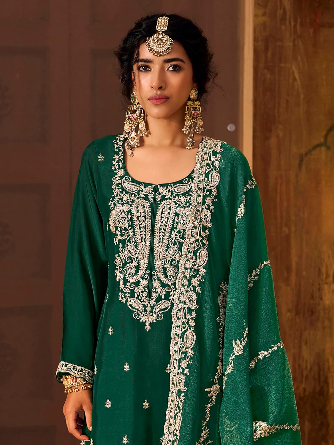 TRENDMALLS Women's Art Silk Embroidery Sequence Work Kurta Pant Set with Dupatta Salwar Suit Set For Women