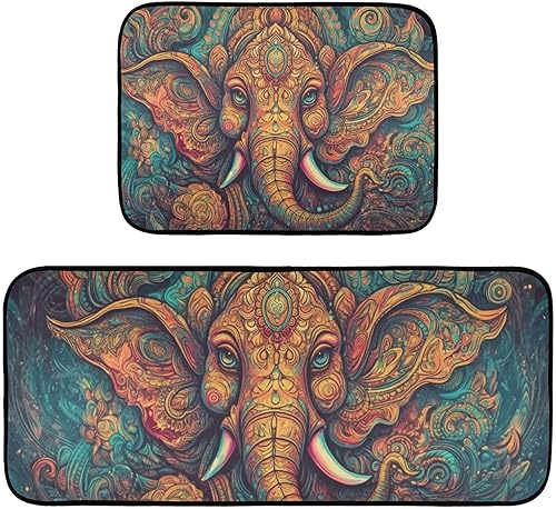 Mandala Elephant Portrait Kitchen Mat 2 Pcs Set, Low Pile Kitchen Rugs Cushioned Water Absorbent Washable Floor Mats for Kitchen Sink Laundry Room