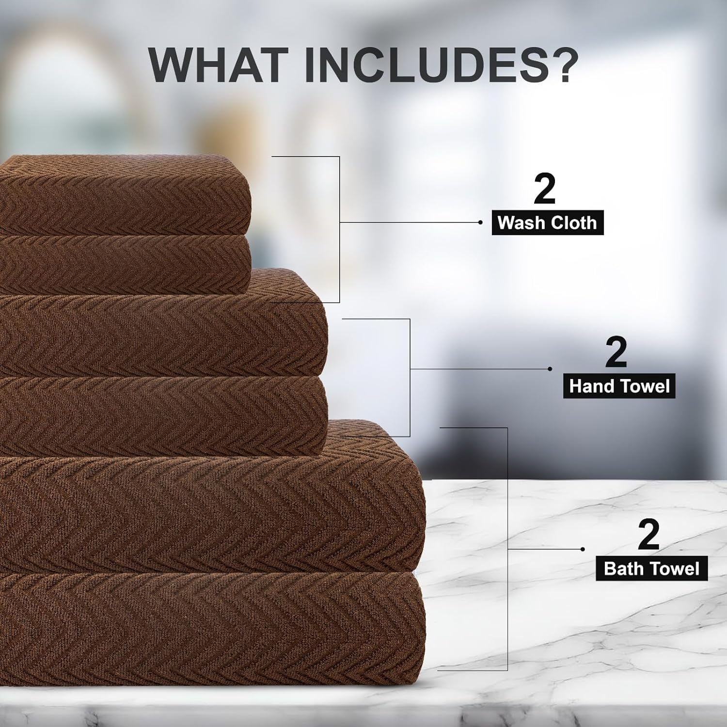 CASA COPENHAGEN Wave Textured 6 Pieces Towel Set- Toffee, 550 GSM 2 Bath Towel 2 Hand Towel 2 Washcloth, Rough & Tough Use Cotton Towels Gift Set for Bathroom