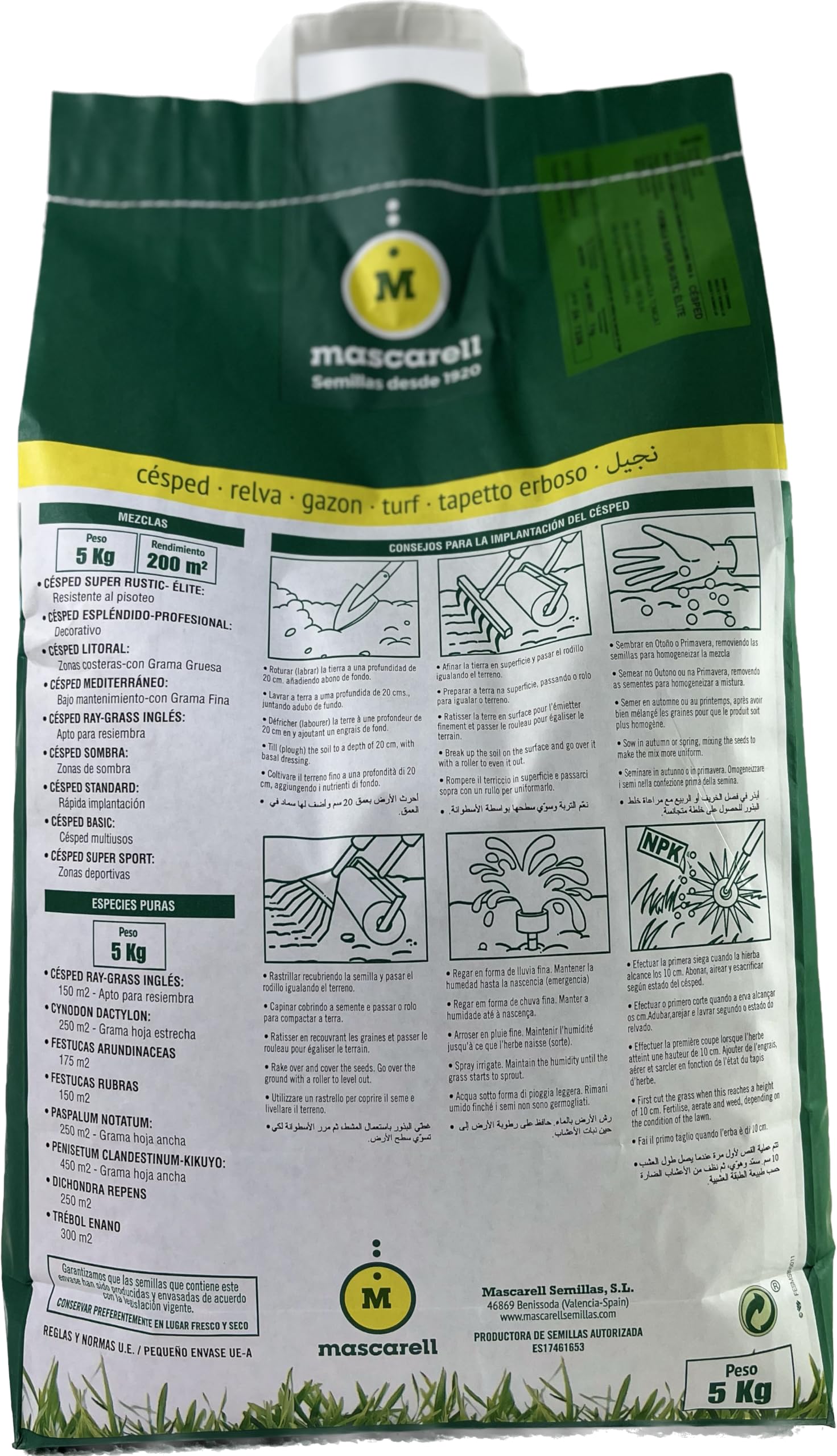 Mascarell Semillas, CYNODON DACTYLON, Semillas de Césped, Verde y Duradero, Compacto y Resistente, 5 KG