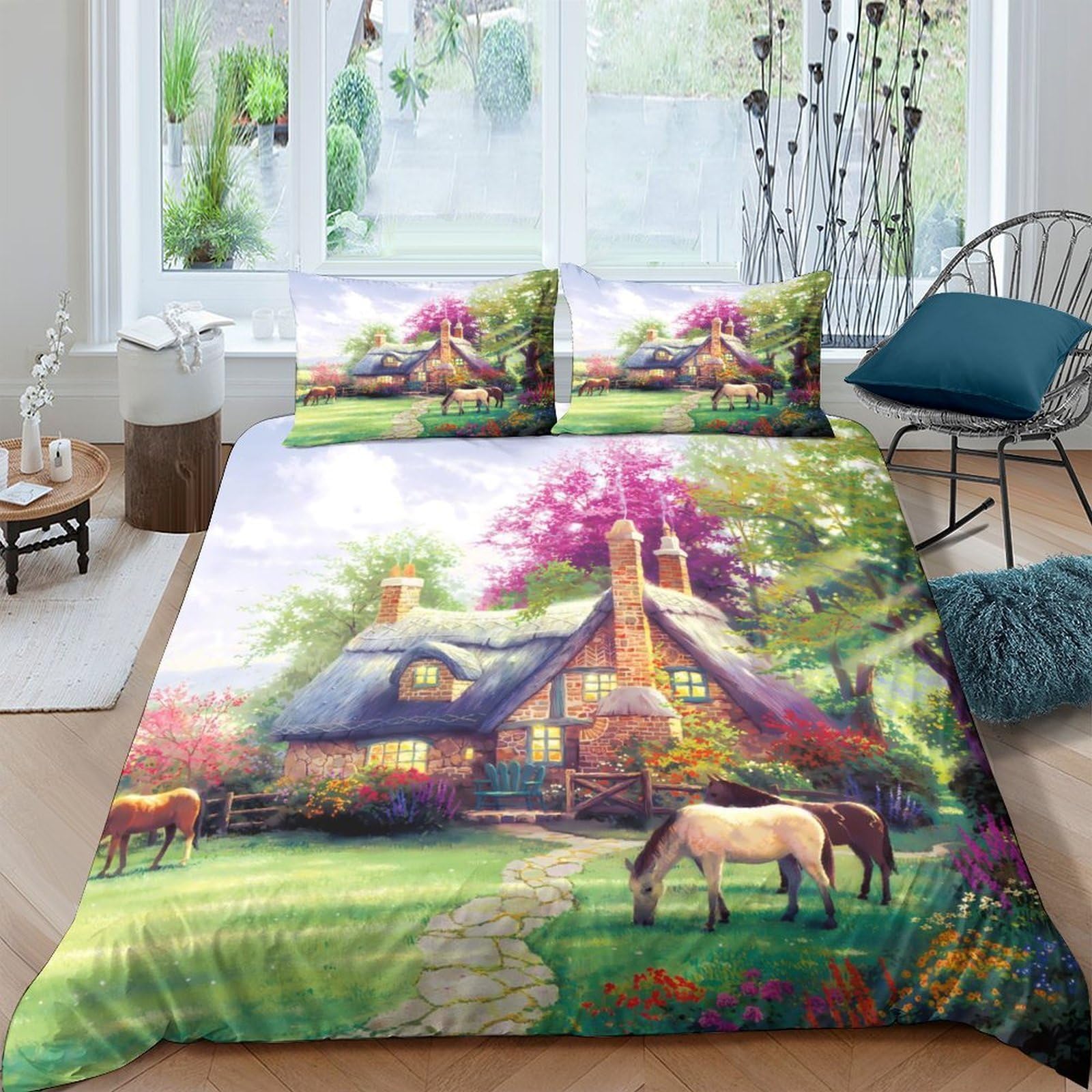 Ctjqhvkz Style-10 3D Printed Cottage Garden Fitted Sheet Microfiber Soft Breathable Horse Pasture Bed Cover For Bedroom Decor Single（135X200cm）