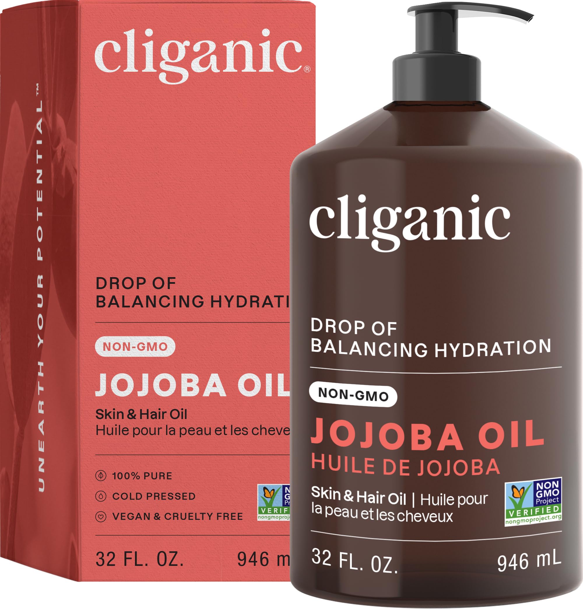 Cliganic Jojoba Oil Non-GMO, Bulk | 100% Pure for Skin, Hair & Face, Cold Pressed Natural Hexane Free - Hair Relaxer (32 oz) 32 Fl Oz (Pack of 1)