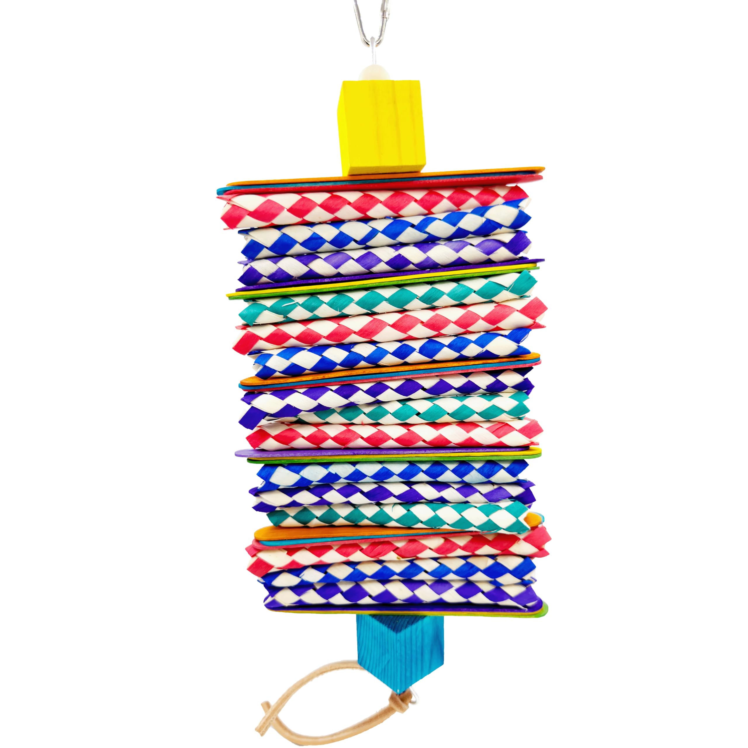 1168 Big Bamboo Shredder Bird Toy with Finger Traps, Wooden Slats, and Leather – Handcrafted by Impeckable Bird Toys – Great for Cockatoos, Macaws, Conures, and Large Parrots