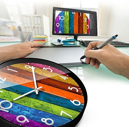 Miniatura 9 de Reloj de pared silencioso sin tictac, colorido, multicolor, analógico, pantalla grande, moderno de mediados de siglo, funciona con pilas,