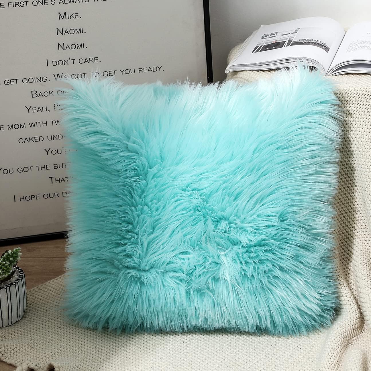 OYIMUA Fluffy Decorative Throw Pillow Covers 24x24, Faux Fur Farmhouse Luxury Pillow Cases,Soft Plush Fuzzy Light Turquoise Cushion Covers for Sofa Couch Living Room Bedroom Set of 2