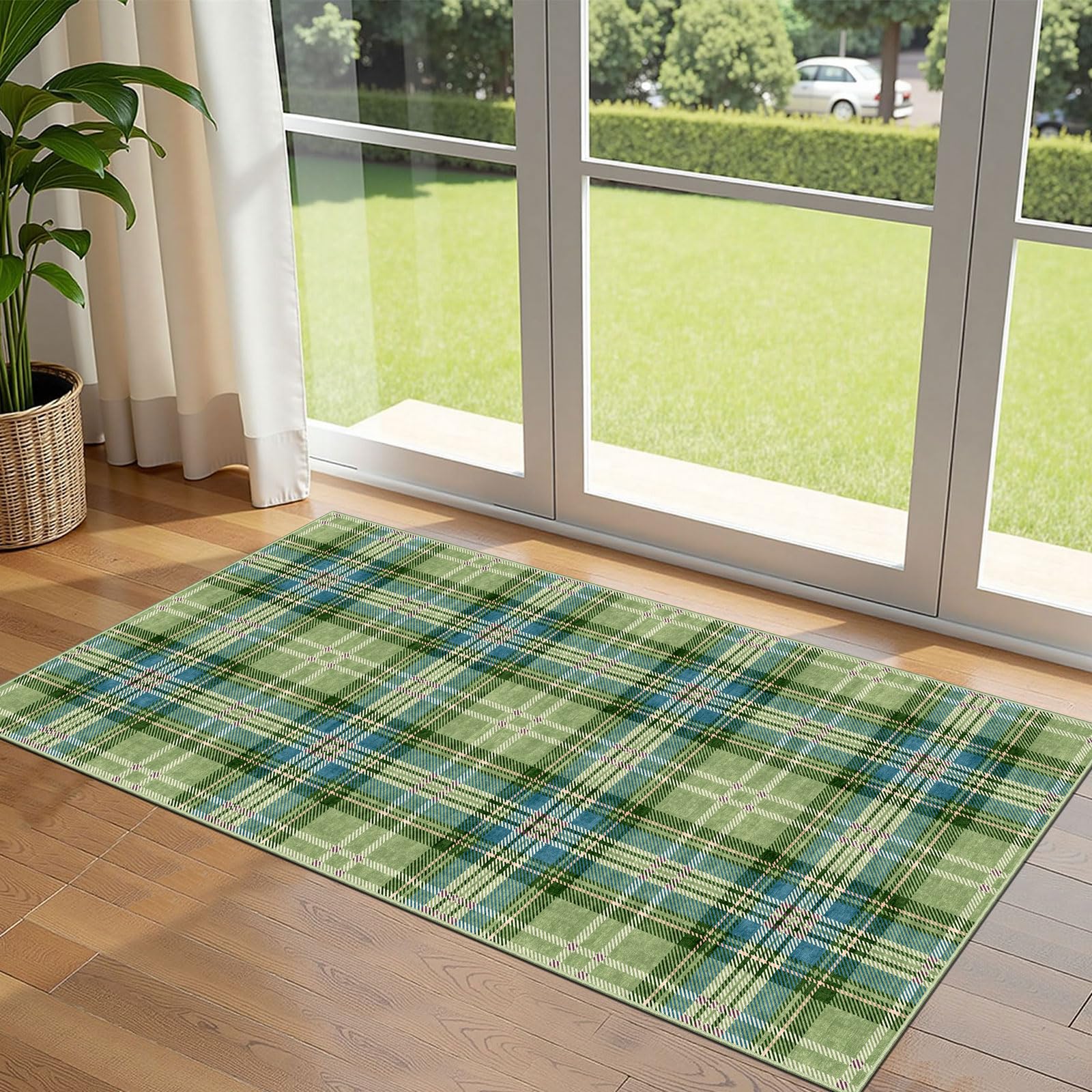 Othilic Front Door Mat Indoor Entrance - 2x4.3 Ft Buffalo Washable Layered Doormat Outdoor Entrance Porch Rug Non-Slip Green Teal Plaid Tartan Runner Rug for Kitchen Bedroom Laundry Room Porch Decor