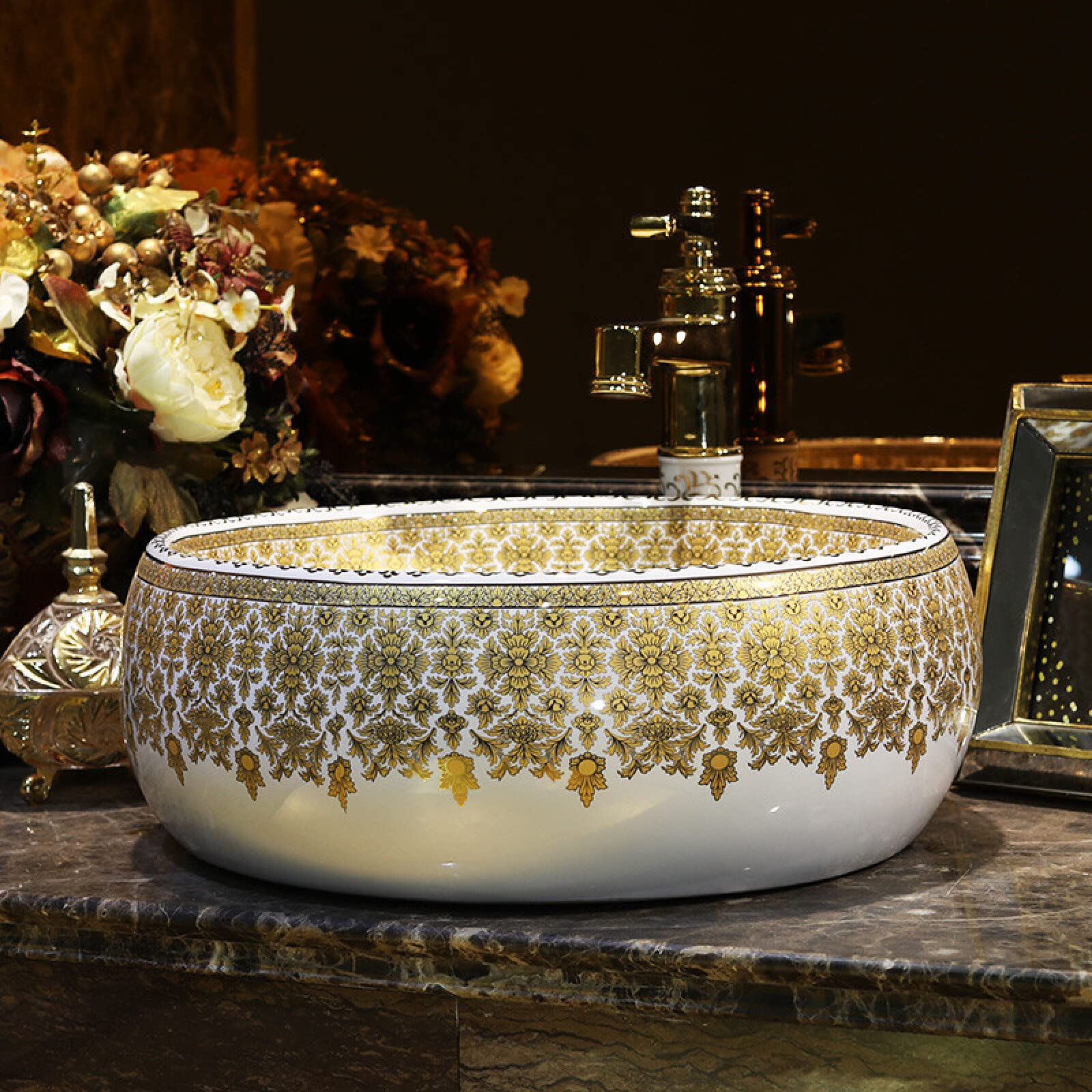 Gljtuo Countertop Basin Round Glazed Color Porcelain Handmade Art Countertop Bathroom Sink Basin