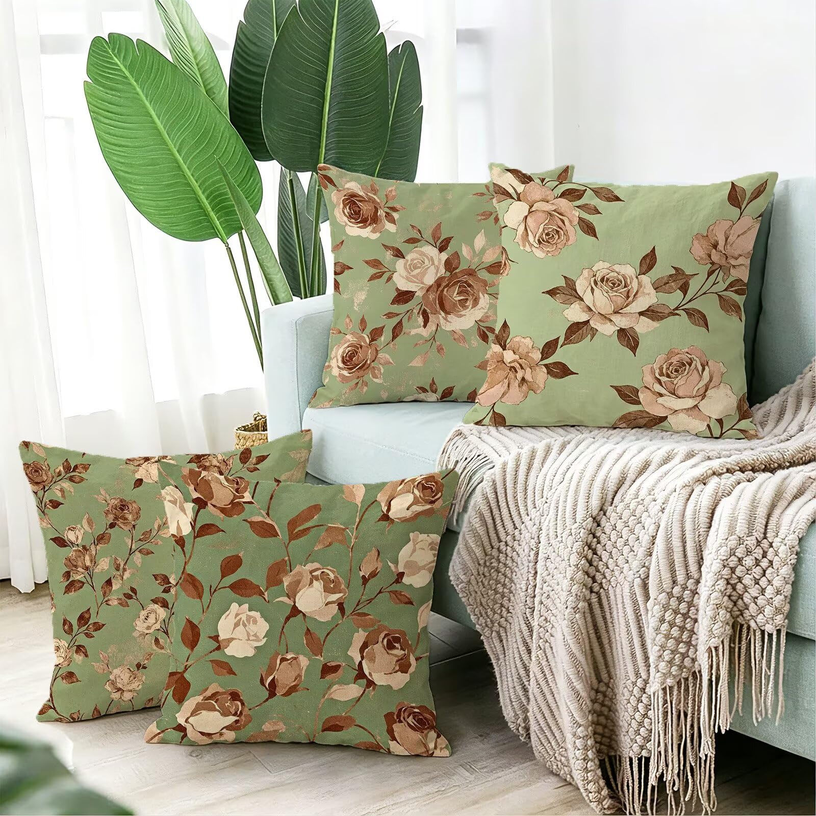 Verde Federe Cuscini Divano 50x50cm, Cuscini da Esterno Set de 4, Cod-167 | Lin Copricuscini Decorativi Letto Arredo, per Letto, Soggiorno, Giardino, Esterno, Casa Decorazione Set di 4 Fiore