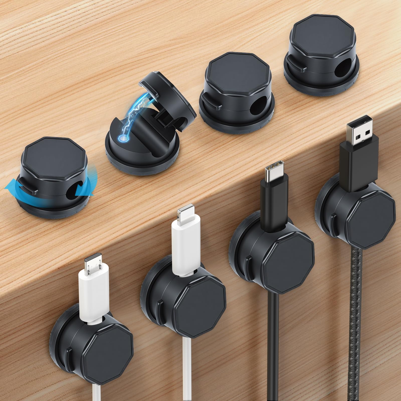 aceyoon 8 Pack Cable Tidy Clips 360° Rotatable Upgraded Magnetic Cable Management Self-Adhesive Wire Cord Holder for Nightstand, Car, Office, Desk, Desk Organizers, Black
