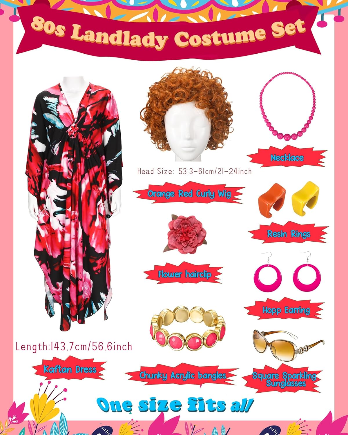 Landlady Costume Including Caftan Dress Curly Wig Necklace Earring Sunglasses Rings Hair Clip for Halloween Cosplay - Image 2