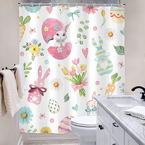 Miniatura 7 de Riyidecor Cortina de ducha de conejo de Pascua para decoración de baño, 60 pulgadas de ancho x 72 pulgadas de alto, lindos huevos de conejo,