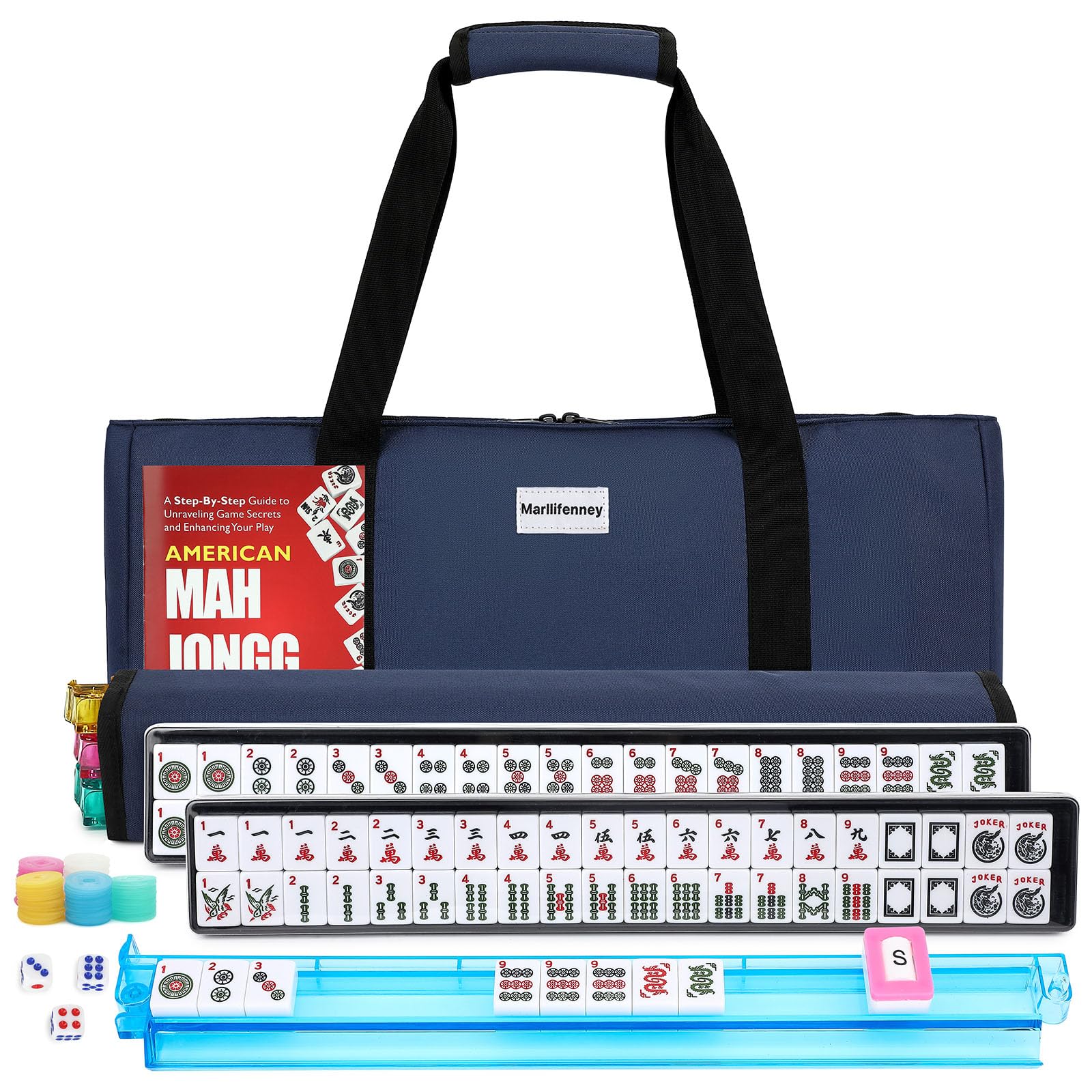 Marllifenney American Mahjong Tile Set,166 White Tiles Mahjong Set,4 Colors Mahjong Racks,Travel Mahjong Set with Blue Carrying Bag