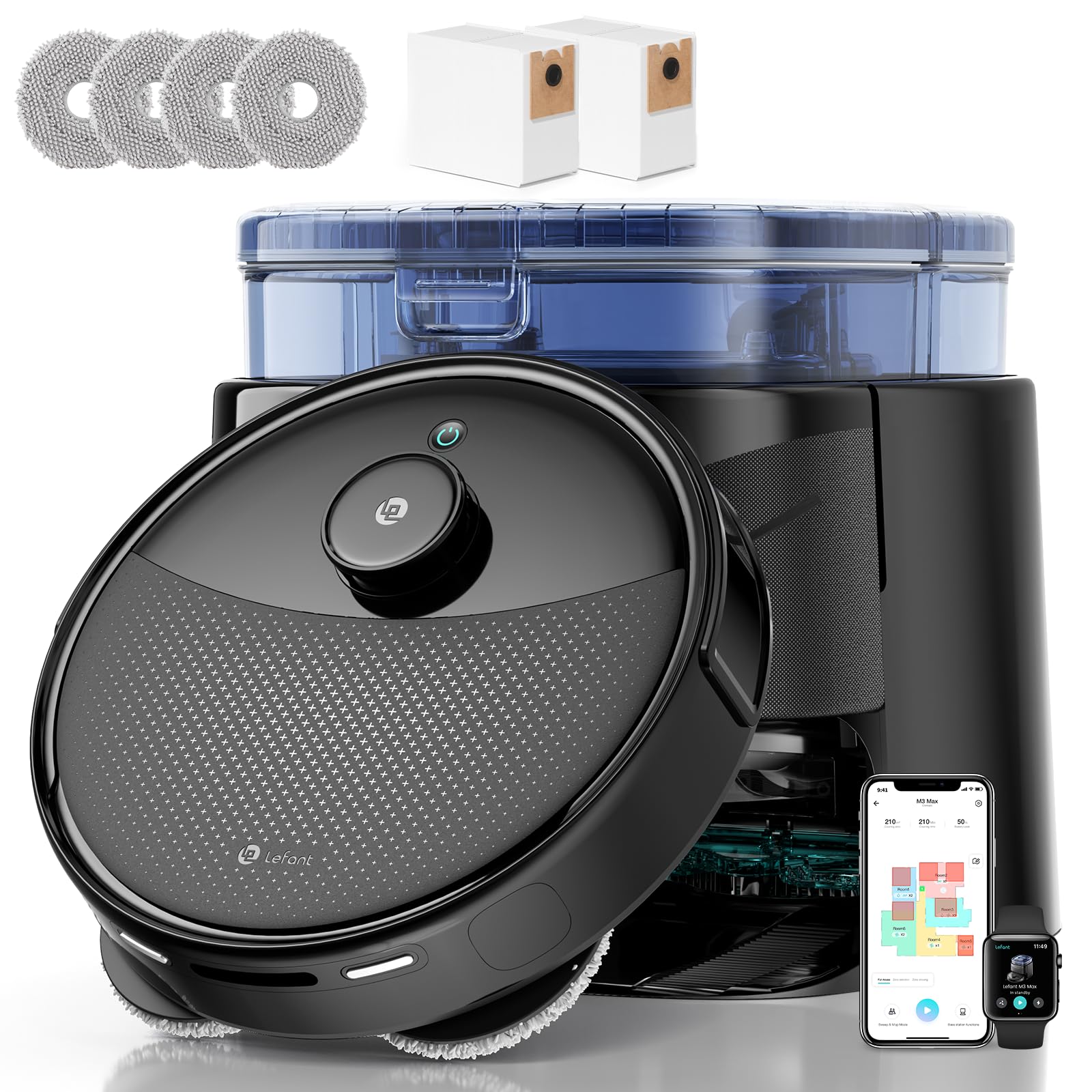 LEFANT M3 Robot Aspirapolvere Lavapavimenti con Mappatura, LiDAR dToF, 12000Pa, Ostacoli PSD, Stazione All-in-One, 3.2L Autosvuotante, Lavaggio Mop a 45°C e Asciugatura, WiFi 2.4G/5G, Alexa/APP, Nero