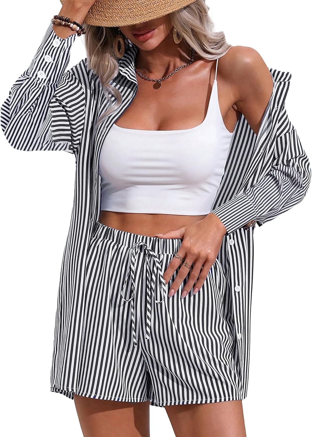 Women's 2 Piece Outfits Striped Button Down Long Sleeve Shirt Top and Drawstring Shorts Set - Image 4