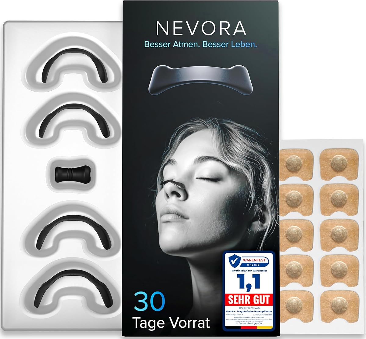 Nevora® Magnetische Nasenpflaster | 30 Tage Vorrat | Starker Kleber | Nasenspreizer gegen Schnarchen | Nasenpflaster Magnet | Nasen Strips Besser Atmen | Schnarchpflaster Nose Strips Magnet (Schwarz)