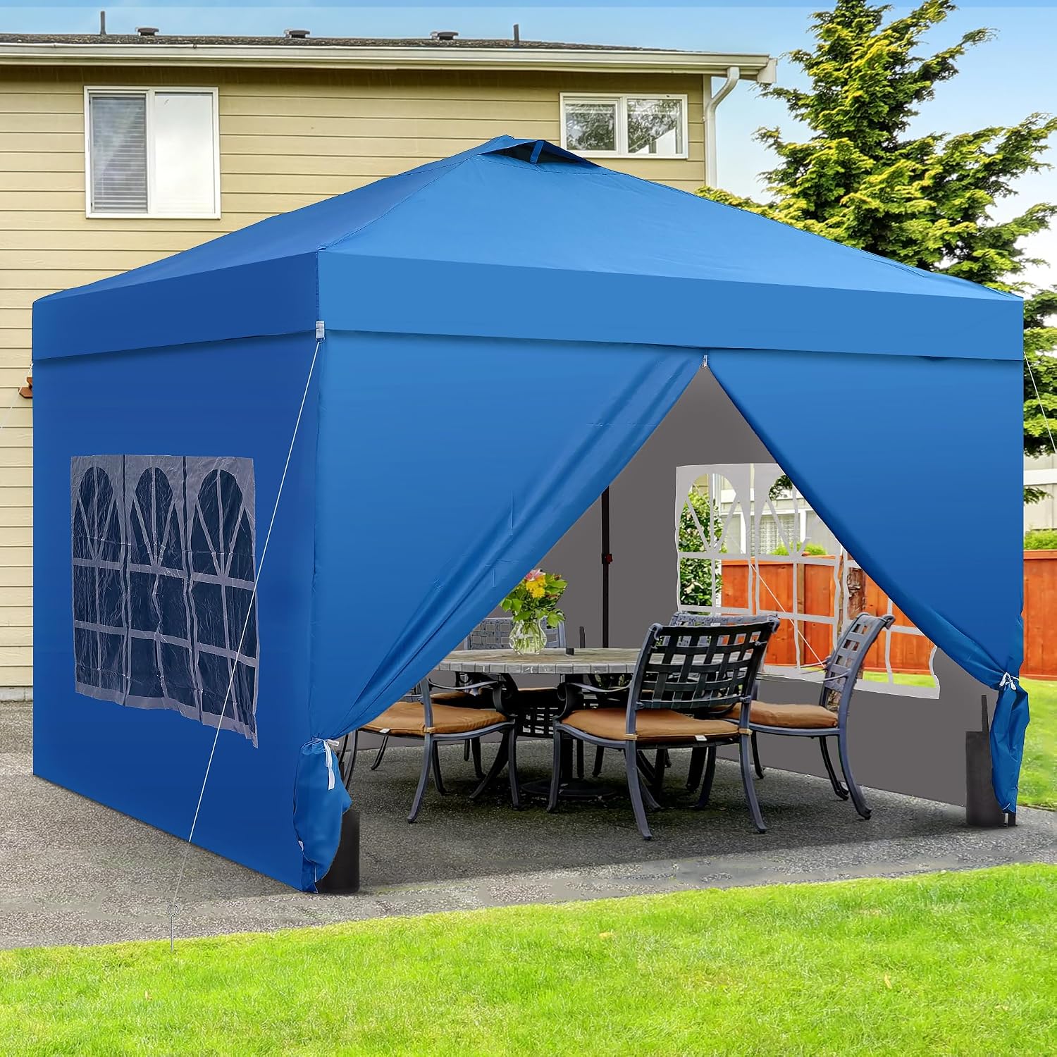 10x10 Pop Up Canopy Tent with One Push Setup, Portable Sun Shade Tent, Instant Easy Up Canopy with 4-Sidewalls & Wheeled Bag, Outdoor Fldable Gazebo with Vent Top, Blue.