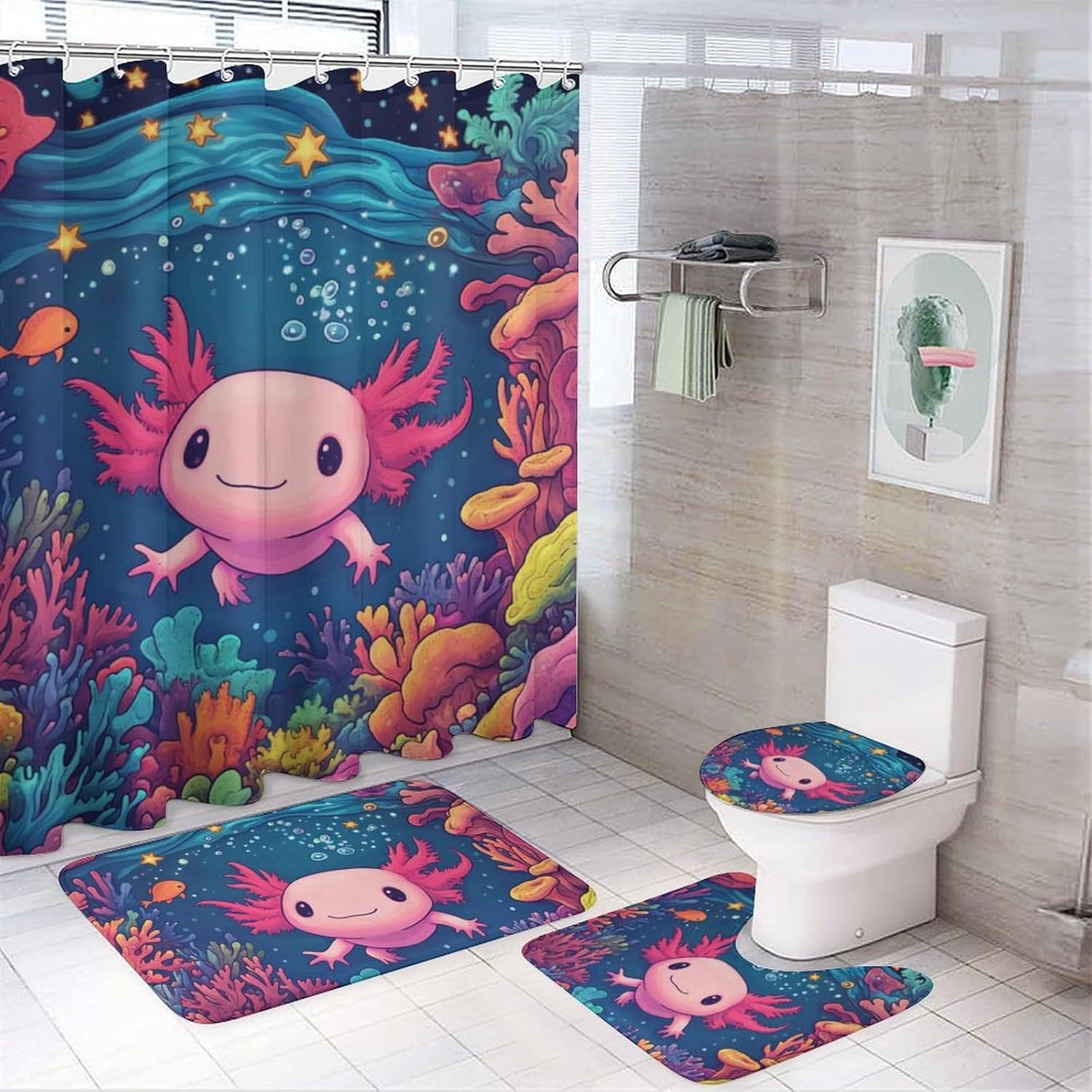4Pcs Cute Axolotl Starry Fantasy Shower Curtain Sets, 4pcs Mystical Ocean Coral Shower Curtains for Bathroom with Rugs, Toilet Lid Cover, Bath Mat, 72" x 72"