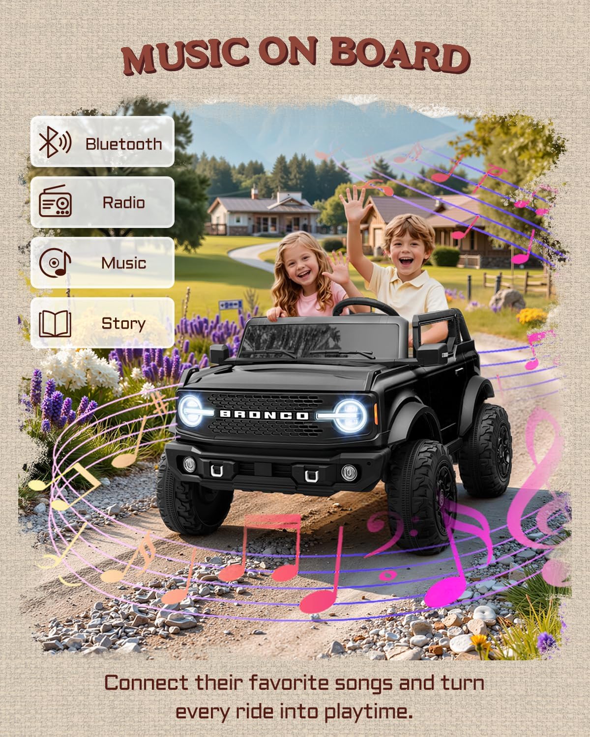 First Ride On 24V Ride on Toys for Big Kids, 2 Seater Licensed Ford Bronco Base Ride on Car, Electric Car for Kids with Parent Remote Control, Bluetooth, Seat Belts, Spring Suspension and LED (Black)