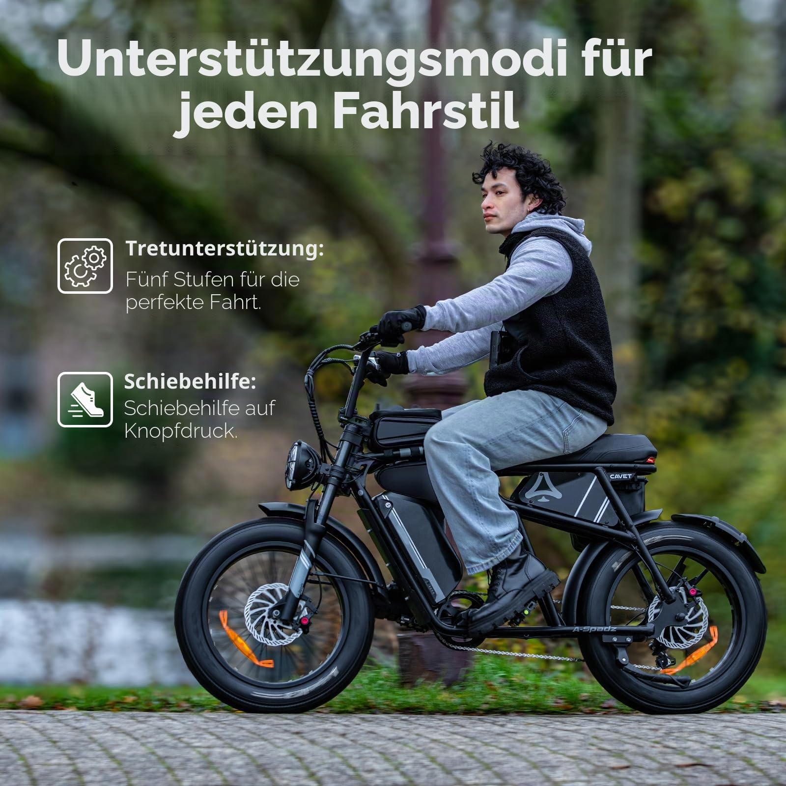 Cavet Fat-Tire E-Bike, 48V 250W Motor, 15,6Ah Akku, bis zu 100 km Reichweite mit Tretunterstützung, 7-Gang-Schaltung, TFT-Display, Elektrofahrrad für Erwachsene.