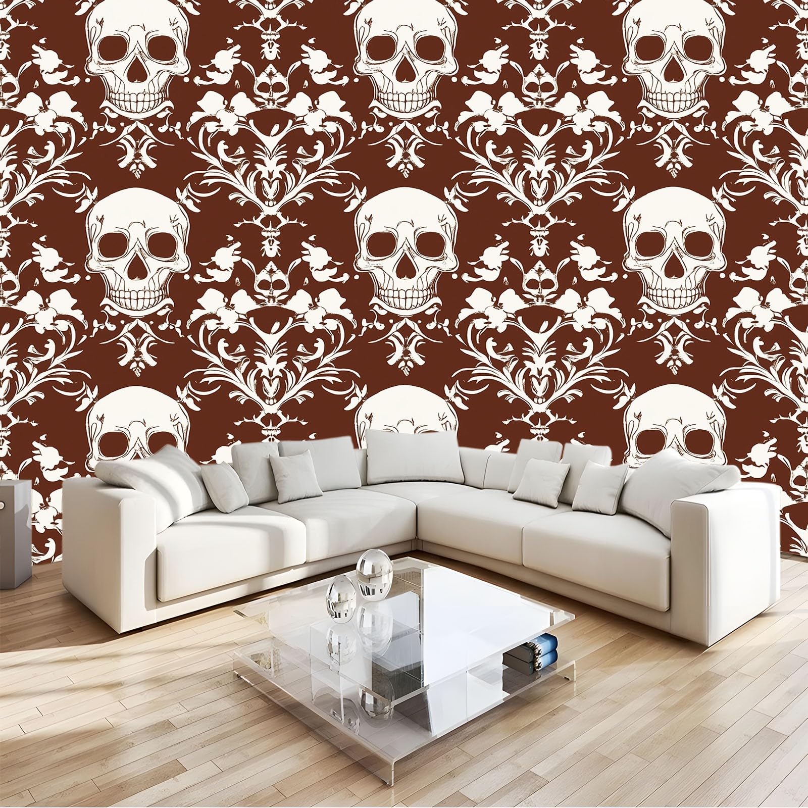 350 x 256 cm, fototapeta z efektem 3D, gotycka czaszka kwiatów, fototapety do salonu, sypialni, tapeta na flizelinie, tapeta ścienna, szara