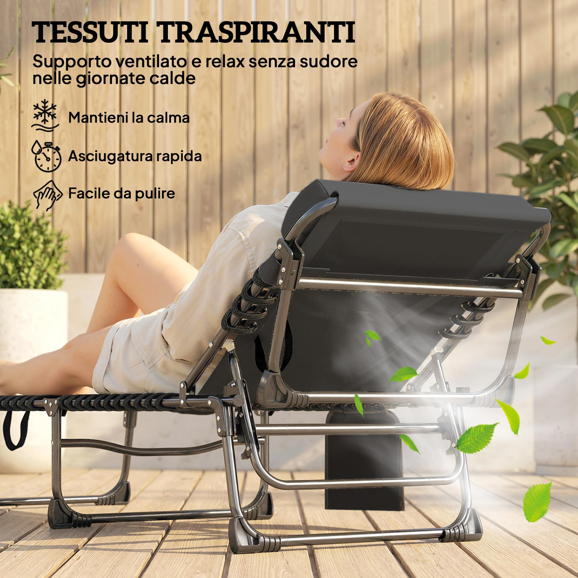 Outsunny Lettini Prendisole da Giardino Pieghevoli 57x200x38cm Nero | Set di 2, Reclinabili 5 Livelli con Poggiatesta, Sdraio da Giardino in Texteline, Tasca Laterale, Maniglia