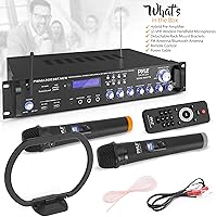 Vista 7 de Altavoz amplificador híbrido Bluetooth de 3000 W, preamplificador de alta potencia con 2 micrófonos de mano inalámbricos VHF, lectores