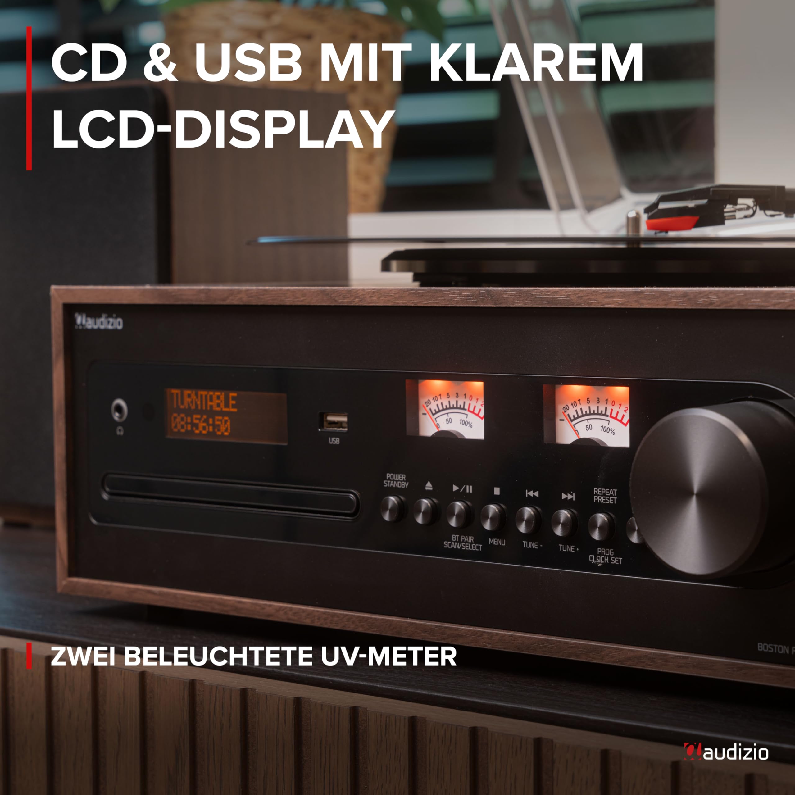 Audizio Boston - Plattenspieler mit Lautsprecher, CD-Player, DAB+ Radio, Schallplattenspieler Bluetooth & USB - Stilvolle HiFi-Anlage für Vinyl, Musik-Streaming & Radio - Riemenantrieb & Retro Design