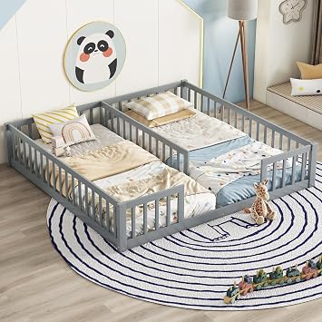 Double Twin Floor Bed Frame with Fence Guardrails, No Door, Grey