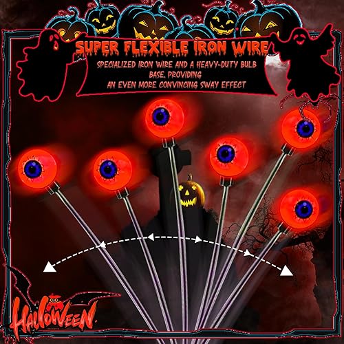 Miniatura 3 de Decoraciones de Halloween al aire libre, paquete de 2 luces solares oscilantes de globo ocular, balanceo por el viento, luces solares de camino,