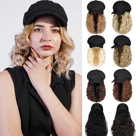 Qlenkay Newsboy Cap with Bob Hair Extensions Short Curly
