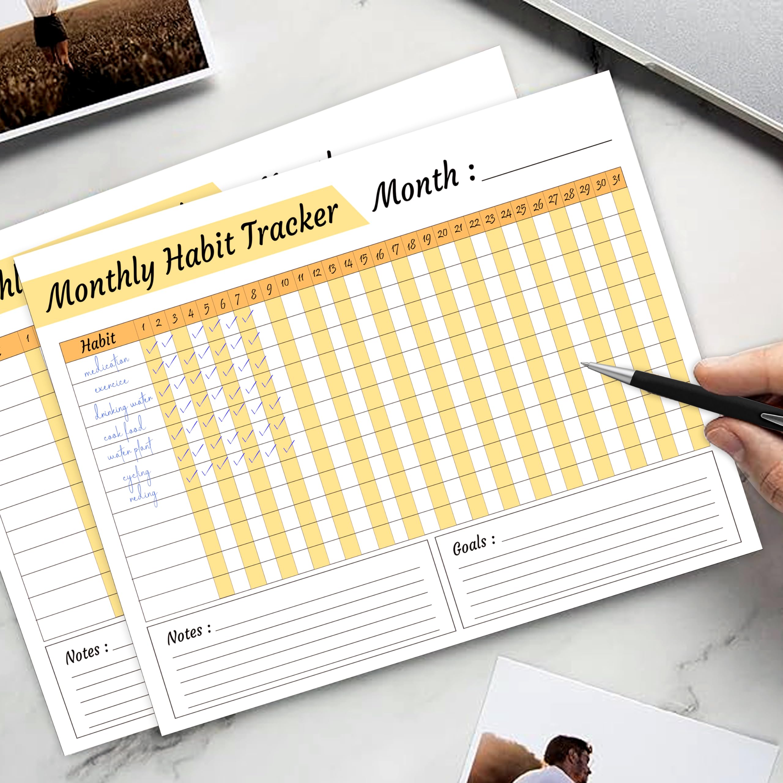 Trueflair Monthly Habit Tracker (A4 Size,13 Sheets) Undated Planner Sheets With Goals For Self Improvement (Design 1) 1