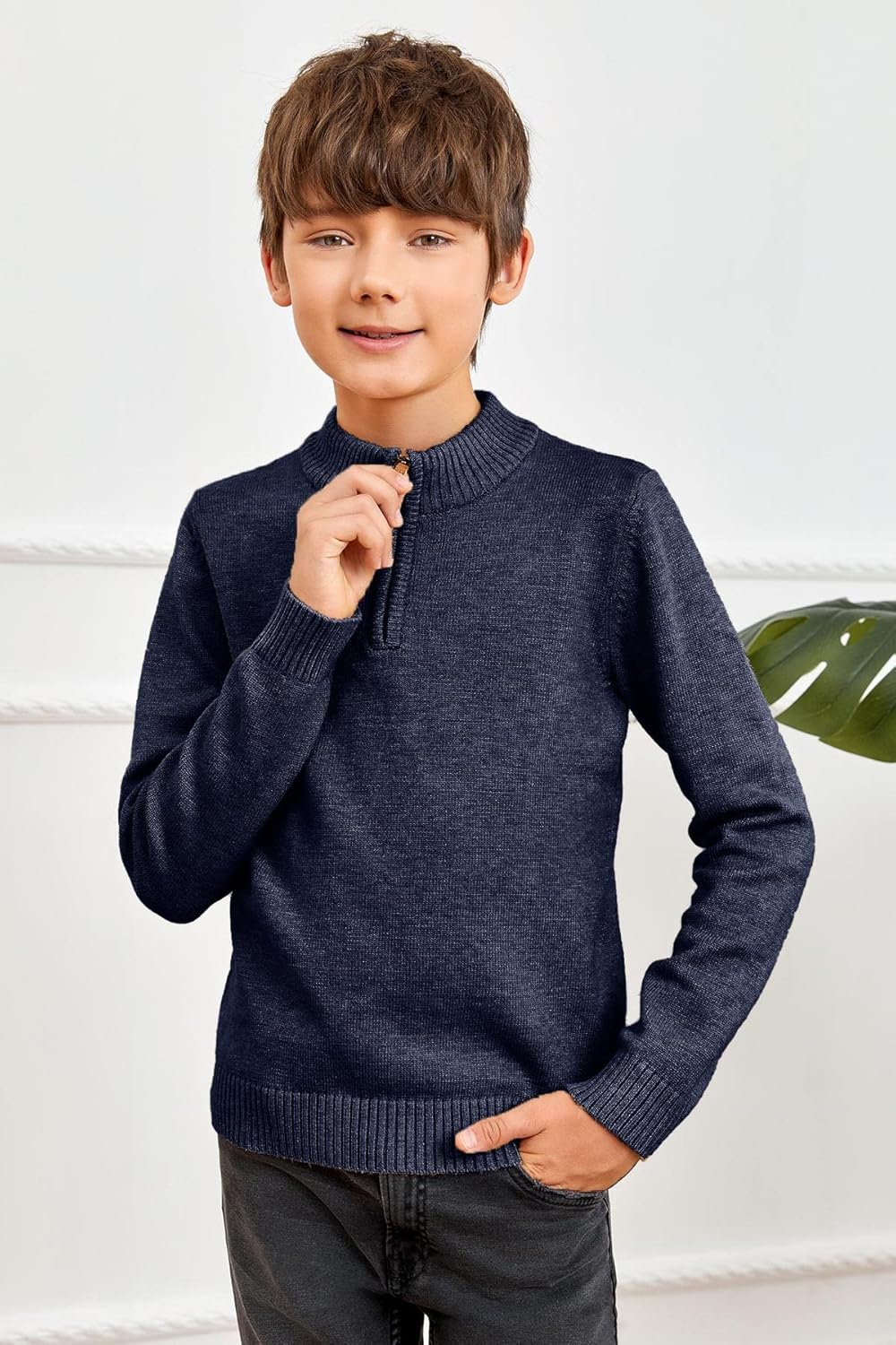 GAMISOTE Boys Sweater Quarter Zip Up Chunky Knit Mock Neck Warm Pullver Kids Knitwear - Image 2
