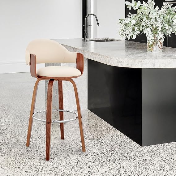 Armen Living Daxton Mid Century Modern Swivel Bar Stool for Kitchen Island Counter in Cream Faux Leather and Walnut Wood, 26 Seat Height