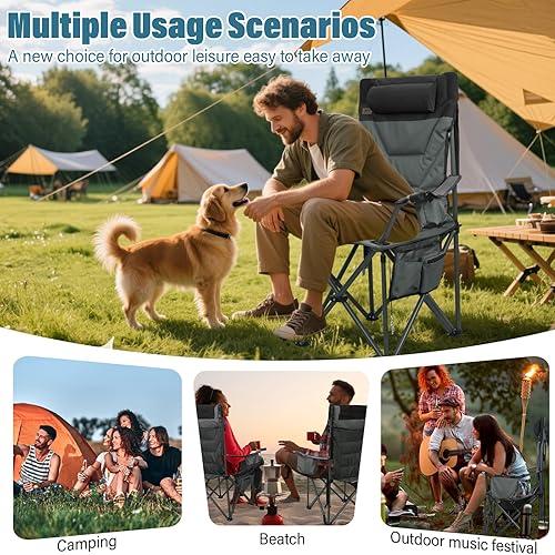 Miniatura 6 de Sillas de campamento de respaldo alto de gran tamaño con almohada, soportes dobles para tazas y bolsa enfriadora, silla plegable resistente al aire