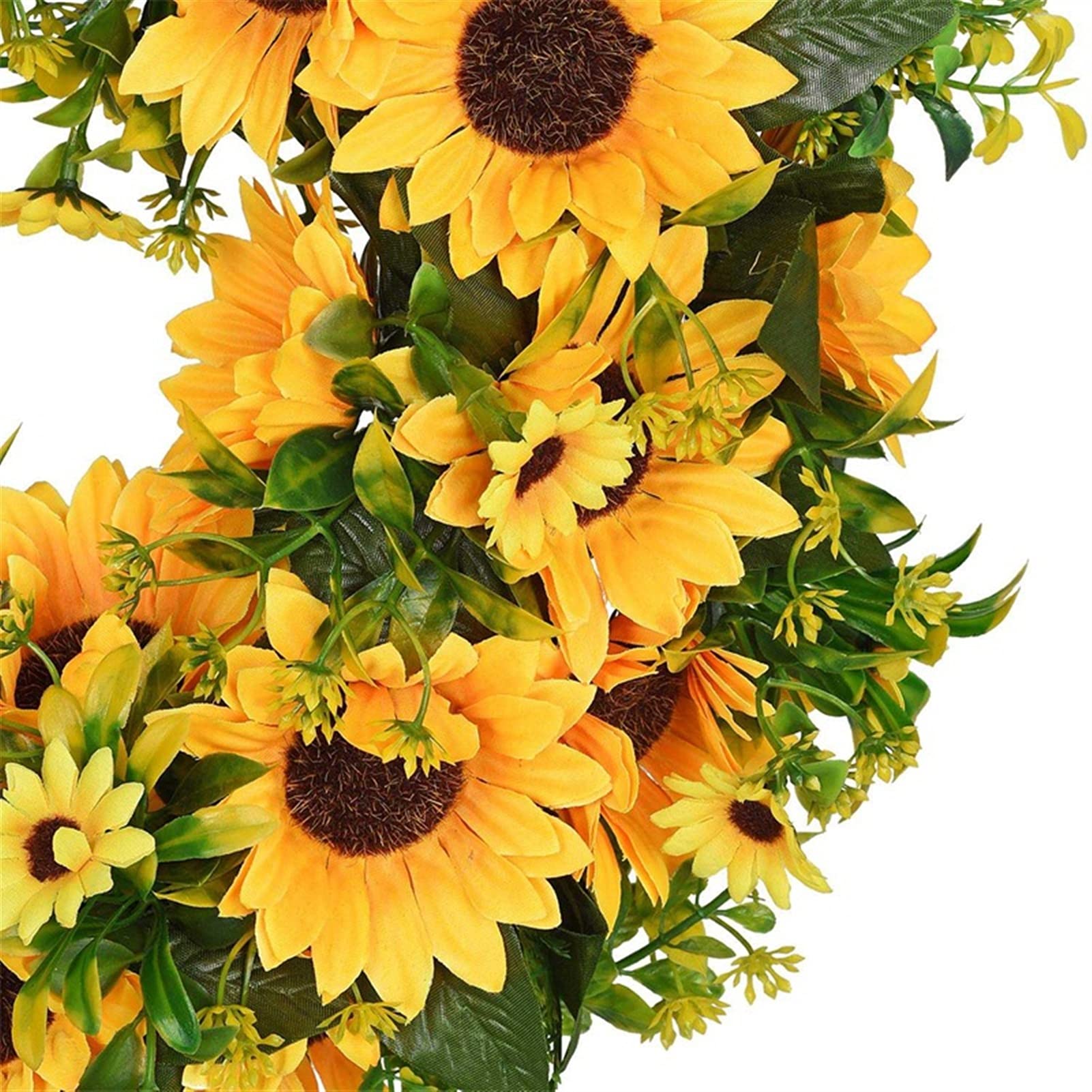 16 inch Decorative Fake Flower Wreath with Yellow Sunflower and Green Leaves ，Practical Artificial Sunflower Summer Wreath