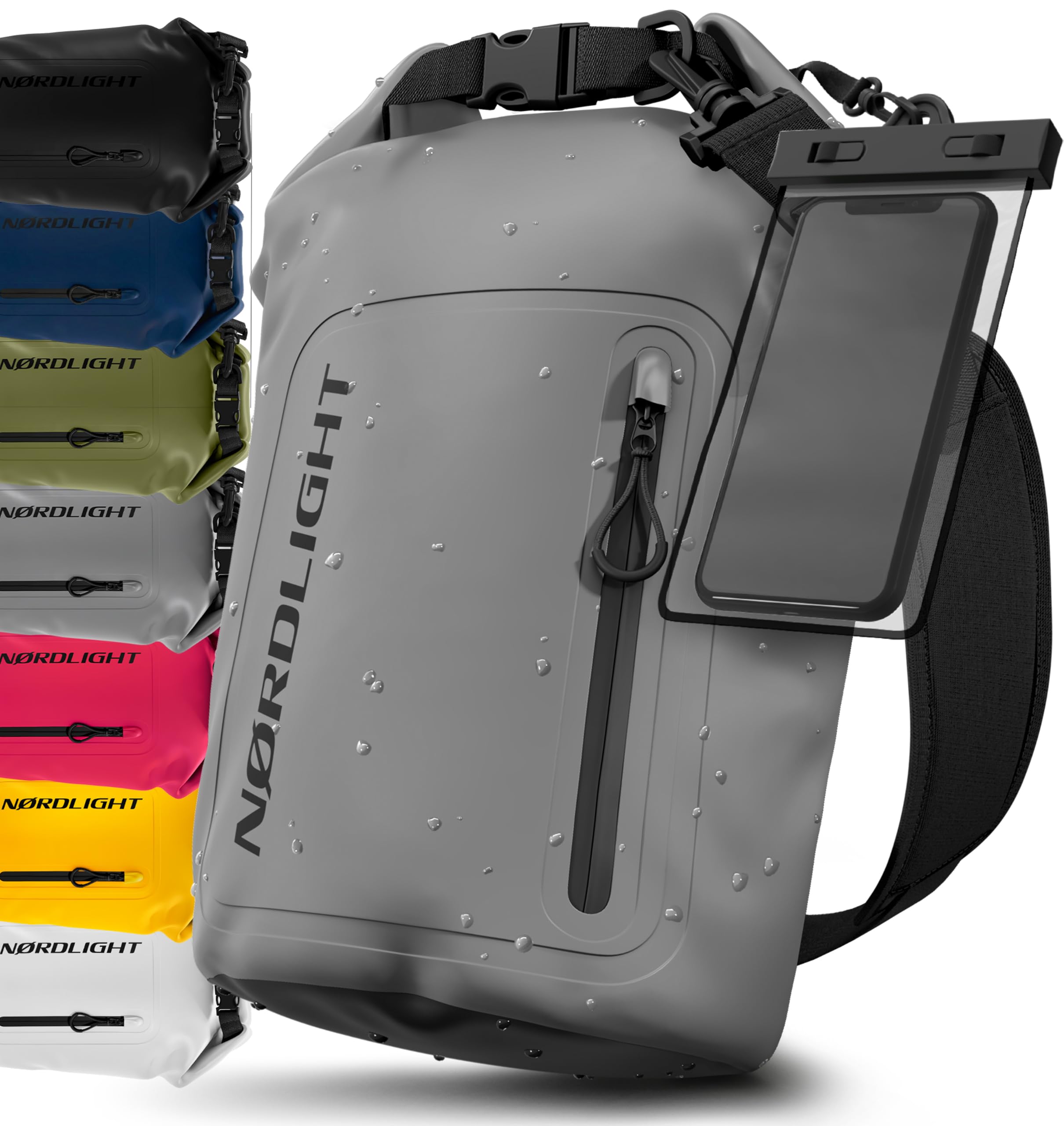 Nordlight Bolsa Estanca Impermeable + Funda para Móvil, Cierre Enrollable, Correa para Hombro | Drybag Mochila Impermea…