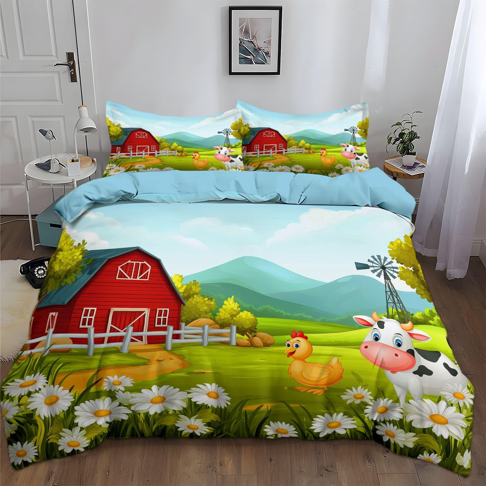 Zestaw poszewek na kołdrę nadruk styl kreskówkowy zwierzęta gospodarskie jasnoniebieski pojedynczy 135 x 200 cm, wysokiej jakości szczotkowana mikrofibra przytulna pościel, z 2 poszewkami na poduszkę