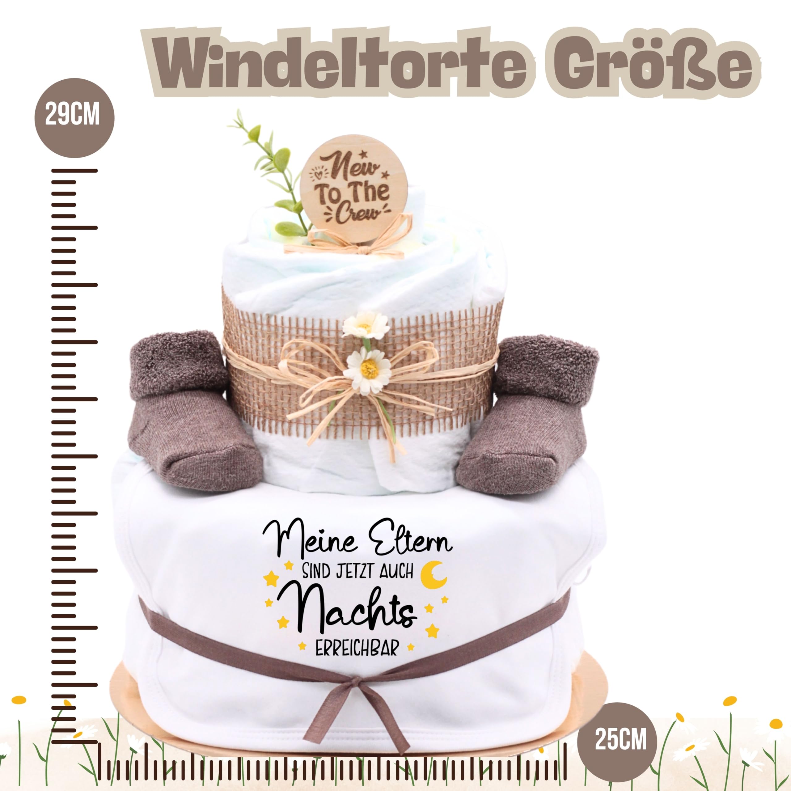 Trend Mama® | Windeltorte | Nature Design | Spruch wählbar| 27 Windeln (Größe 2) 1x Baby Lätzchen, Kuschelsocken |Geschenk Geburt (Design| Meine Eltern sind jetzt auch Nachts erreichbar)