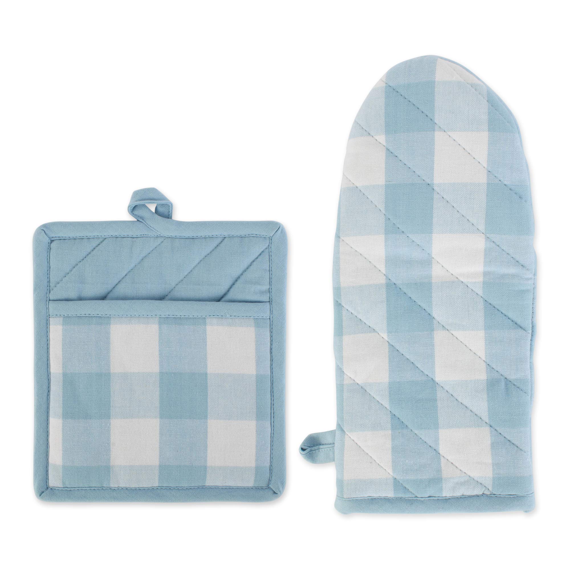 DII Buffalo Check Kitchen Collection, Classic Farmhouse Kitchen Set, Potholder & Oven Mitt, White & Light Blue, 2 Piece