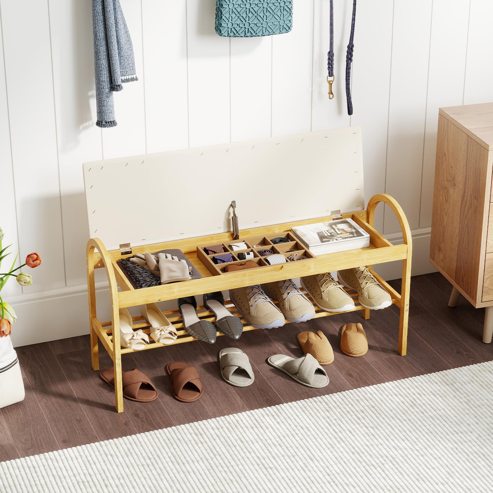 COSTWAY Banco Zapatero de Bambú, Banco para Zapatos con 1 Estante, Tapa Abatible Acolchada, Banco Zapatero Pasillo Entrada Salon, 101 x 31 x 51 cm (Beige)