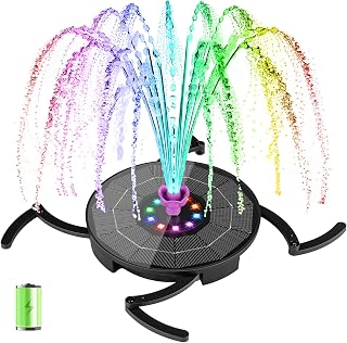 Solar Fountain Pump with 2000mah Battery & Works in Cloudy Day, Glass Solar Water Fountain with 10 LED Lights, 7 Nozzles and 3 Spray Height Adjustment, Solar Bird Bath Fountains for Garden, Pool, Pond