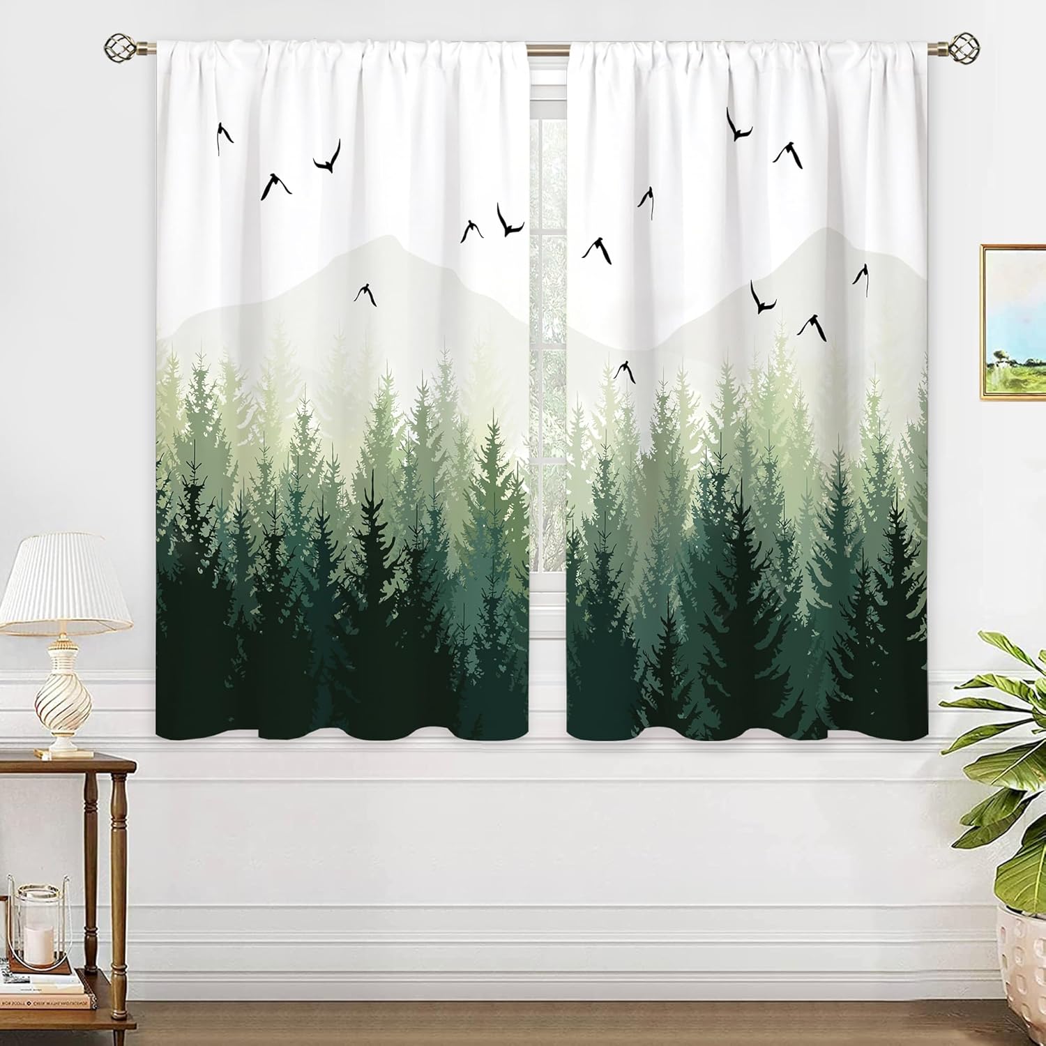 Green Misty Forest Window Curtains Nature Pine Tree Woodland Rod Pocket Mountain Landscape Bird Curtain Drapes Curtains for Bedroom Living Room Treatment 2 Panels 42Wx45H Inch
