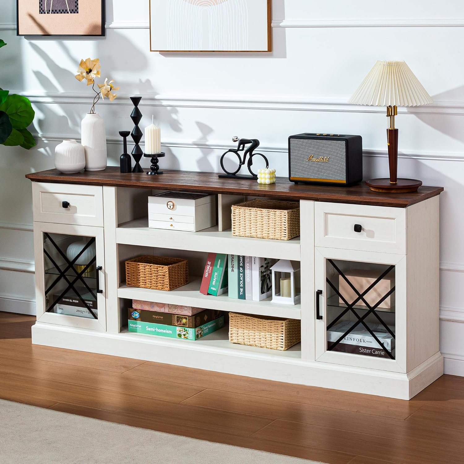 70 Inch Farmhouse TV Stand Table for 75 80 Inch TVs, Modern Entertainment Center with LED Lights and Glass Doors, Wooden TV Stands for Living Room, (Antique White, 70"x15"x30")