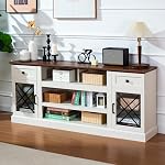 70 inch Farmhouse TV Stand Table for 75 80 inch TV, Modern Entertainment Center with LED Lights and Glass Doors, Wooden Espresso TV Stands for Living Room