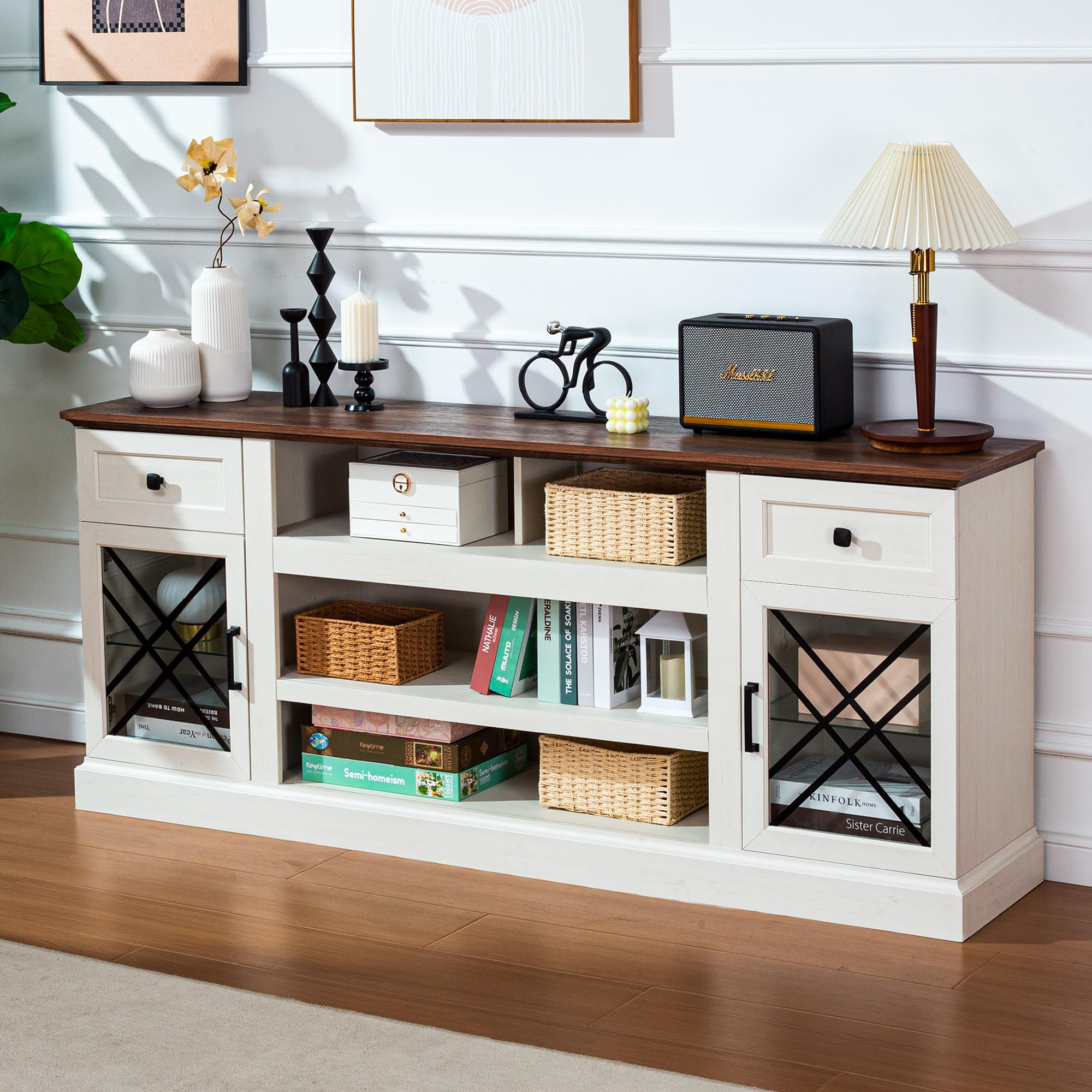 ENOUSHU 70 Inch Farmhouse TV Stand Table for 75 80 inch TVs, Modern Entertainment Center with LED Lights and Glass Doors, Wooden TV Stands for Living