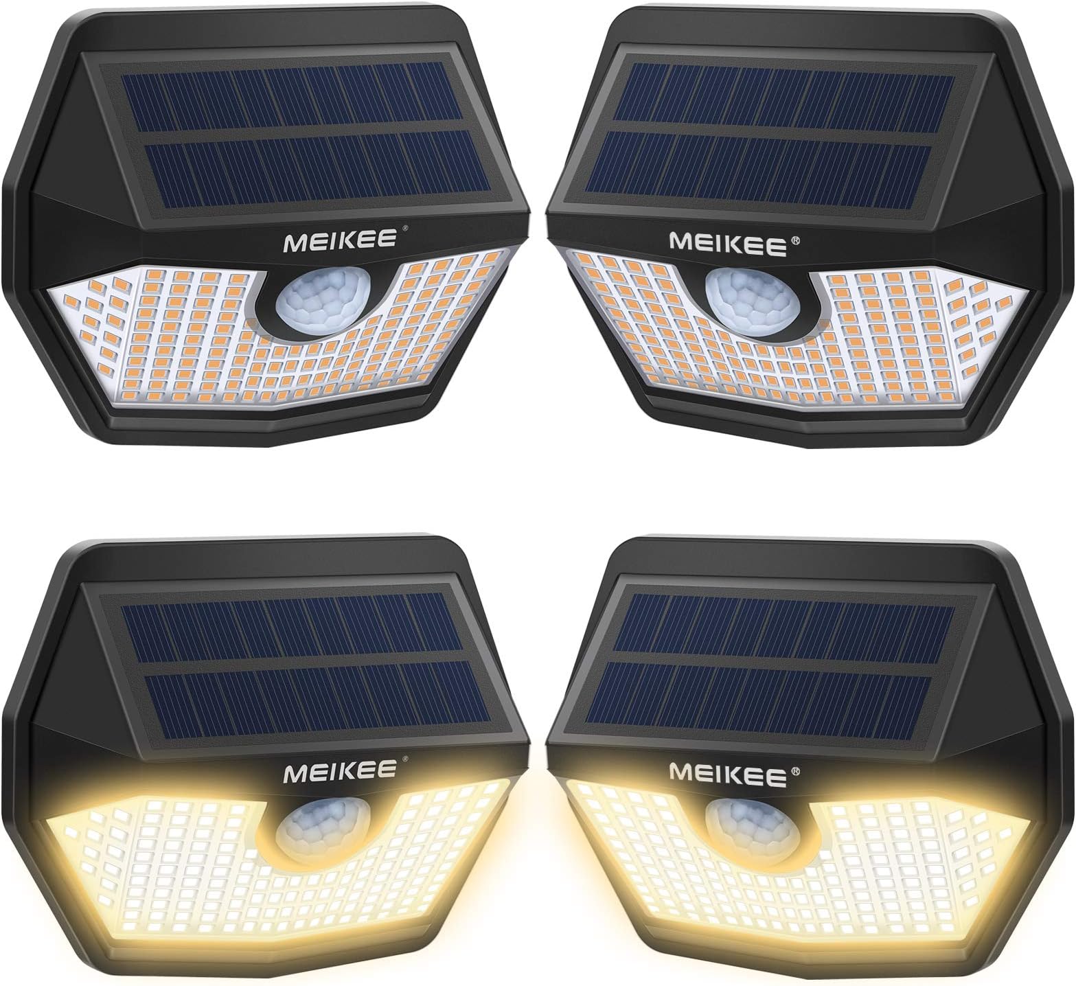 MEIKEESolar Lights Outdoor Motion Sensor, 150 LED 2700K Warm White Motion Detected Flood Light, 270° Wide Angle, IP65 Waterproof 30s Security Lighting for Garden Patio Deck Garage Fence 4 Pack